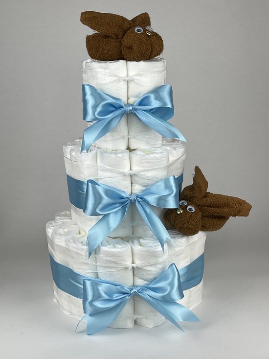 Chouette-Chouette | Luiertaart Jongen | Kraamcadeau | Geboorte Jongen | Babyshower | Konijnen clay Bruin - hemels Blauw van Chouette-Chouette