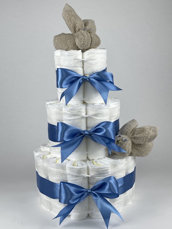 Chouette-Chouette | Luiertaart Jongen | Kraamcadeau | Geboorte Jongen | Babyshower | Konijnen Cream - diep Blauw van Chouette-Chouette