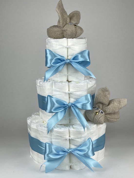 Chouette-Chouette | Luiertaart Jongen | Kraamcadeau | Geboorte Jongen | Babyshower | Konijnen Cream - hemels Blauw van Chouette-Chouette