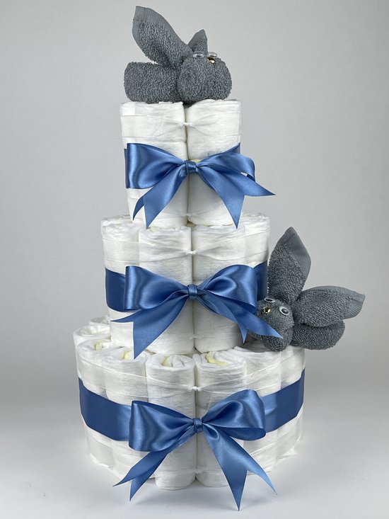 Chouette-Chouette | Luiertaart Jongen | Kraamcadeau | Geboorte Jongen | Babyshower | Konijnen Grey-Blue - diep Blauw van Chouette-Chouette