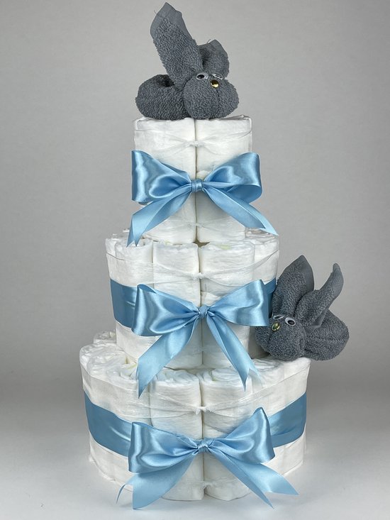 Chouette-Chouette | Luiertaart Jongen | Kraamcadeau | Geboorte Jongen | Babyshower | Konijnen Grey-Blue - hemels Blauw van Chouette-Chouette