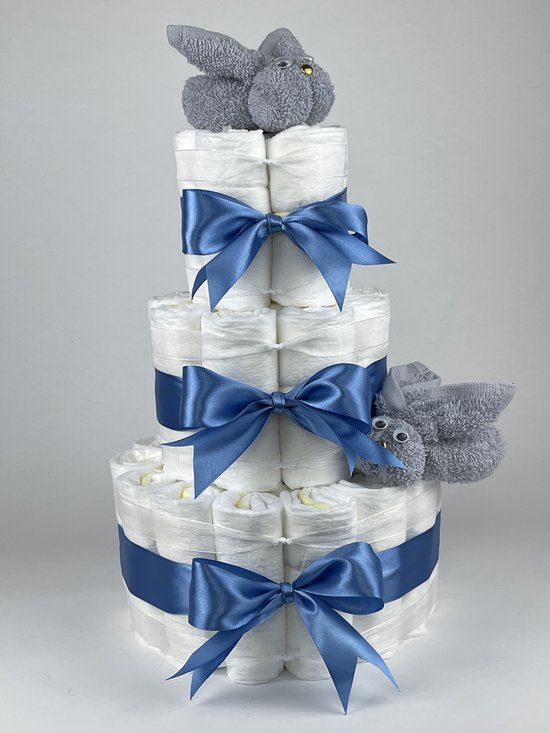 Chouette-Chouette | Luiertaart Jongen | Kraamcadeau | Geboorte Jongen | Babyshower | Konijnen Grijs - diep Blauw van Chouette-Chouette