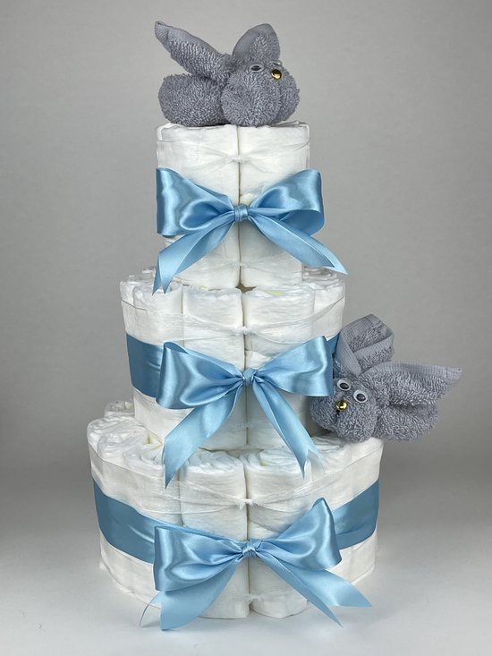 Chouette-Chouette | Luiertaart Jongen | Kraamcadeau | Geboorte Jongen | Babyshower | Konijnen Grijs - hemels Blauw van Chouette-Chouette