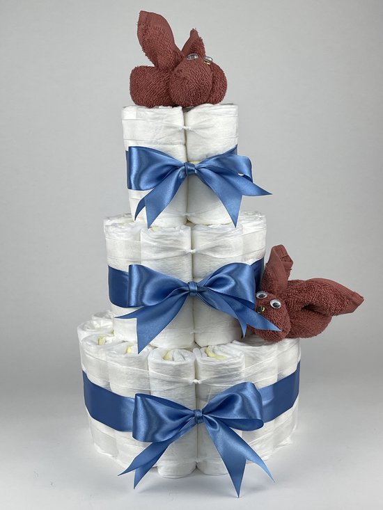 Chouette-Chouette - Luiertaart Jongen - Kraamcadeau - Geboorte Jongen - Babyshower - Konijnen Koper - diep Blauw van Chouette-Chouette