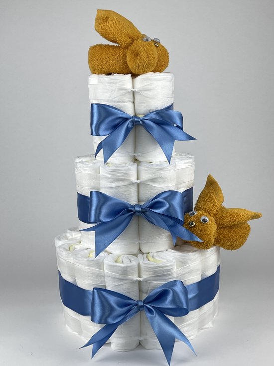 Chouette-Chouette | Luiertaart Jongen | Kraamcadeau | Geboorte Jongen | Babyshower | Konijnen Oker - diep Blauw van Chouette-Chouette