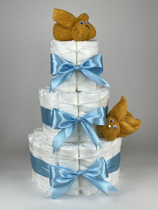 Chouette-Chouette | Luiertaart Jongen | Kraamcadeau | Geboorte Jongen | Babyshower | Konijnen Oker - hemels Blauw van Chouette-Chouette