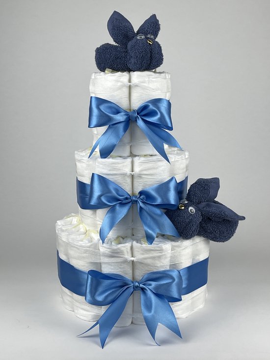 Chouette-Chouette | Luiertaart Jongen | Kraamcadeau | Geboorte Jongen | Babyshower | Konijnen Silk blauw - diep Blauw van Chouette-Chouette