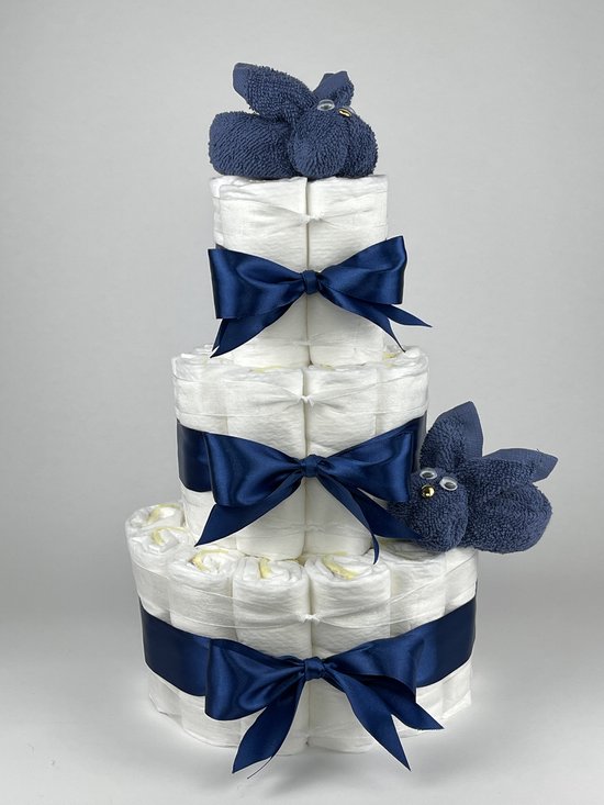 Chouette-Chouette | Luiertaart Jongen | Kraamcadeau | Geboorte Jongen | Babyshower | Konijnen Silk blauw - donker Blauw van Chouette-Chouette