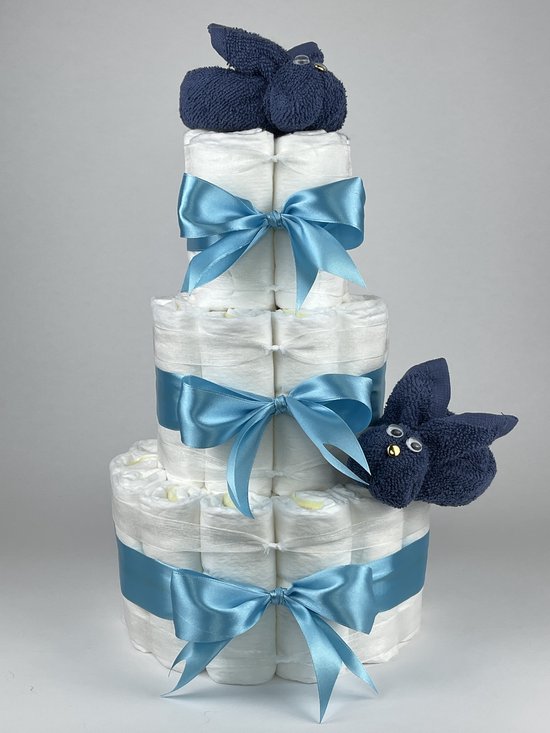 Chouette-Chouette | Luiertaart Jongen | Kraamcadeau | Geboorte Jongen | Babyshower | Konijnen Silk blauw - hemels Blauw van Chouette-Chouette