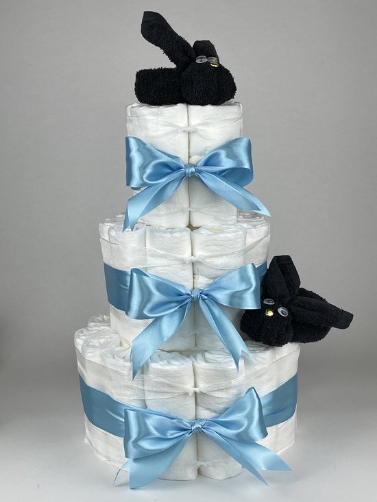 Chouette-Chouette | Luiertaart Jongen | Kraamcadeau | Geboorte Jongen | Babyshower | Konijnen Zwart - hemels Blauw van Chouette-Chouette