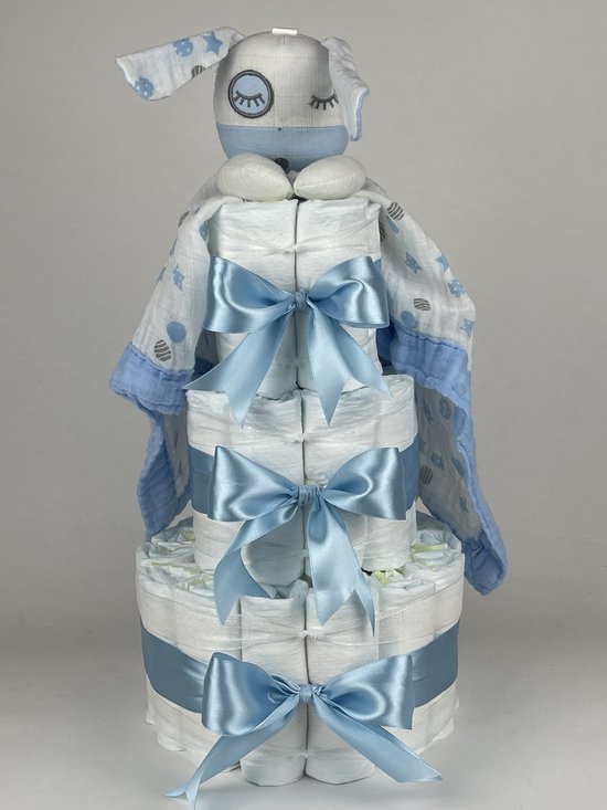Chouette-Chouette | Luiertaart Jongen | Kraamcadeau | Geboorte Jongen | Babyshower | LuLujo Knuffeldoek Blue Puppy Hond Blauw van Merkloos