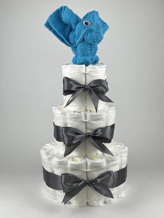Chouette-Chouette | Luiertaart Jongen | Kraamcadeau | Geboorte Jongen | Babyshower | Olifant Aqua blauw - donker Grijs van Chouette-Chouette