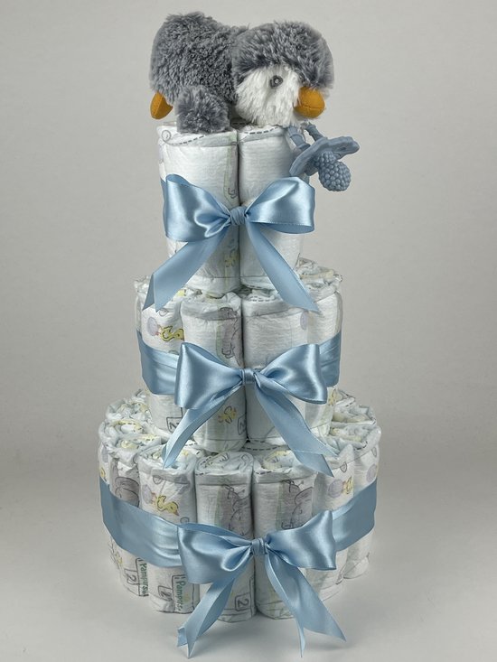 Chouette-Chouette | Luiertaart Jongen | Kraamcadeau | Geboorte Jongen | Babyshower | RaZbuddy Speenknuffel Pinguïn Blauw van Merkloos
