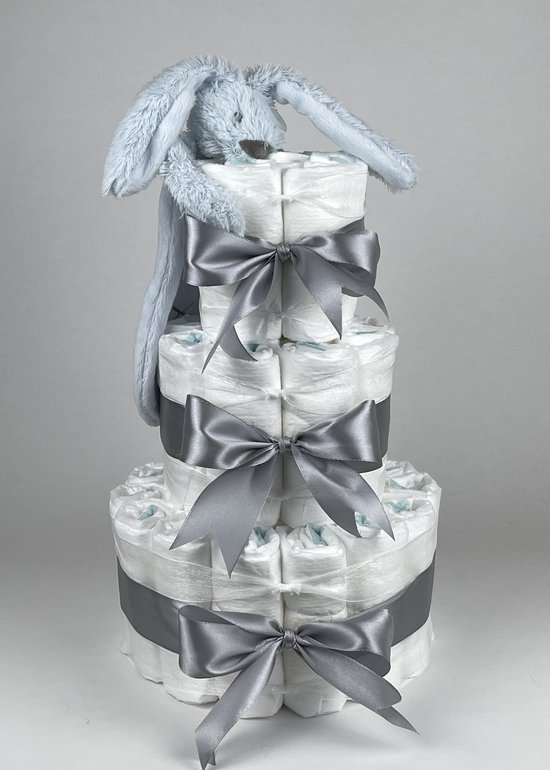Chouette-Chouette | Luiertaart Jongen | Kraamcadeau | Geboorte Jongen | Babyshower | Tuttle Konijn Richie Blue - Grijs van Chouette-Chouette