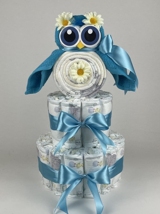 Chouette-Chouette - Luiertaart Jongen - Kraamcadeau - Geboorte Jongen - Babyshower - Uil Aqua blauw van Merkloos