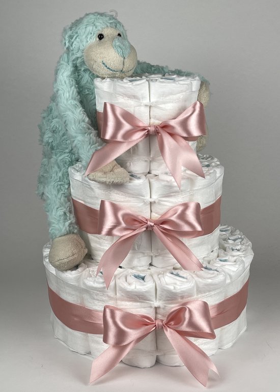 Chouette-Chouette | Luiertaart Meisje | Kraamcadeau | Geboorte Meisje | Babyshower | Aap Groen - donker Poeder Roze van Chouette-Chouette