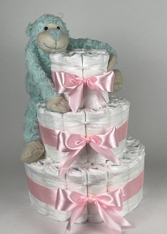 Chouette-Chouette | Luiertaart Meisje | Kraamcadeau | Geboorte Meisje | Babyshower | Aap Groen - Roze van Chouette-Chouette