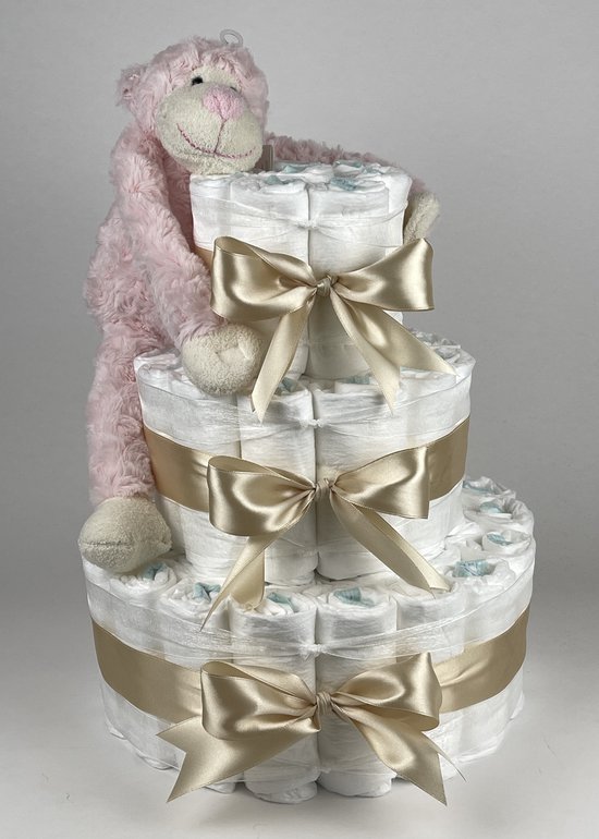 Chouette-Chouette | Luiertaart Meisje | Kraamcadeau | Geboorte Meisje | Babyshower | Aap Roze - Beige van Chouette-Chouette