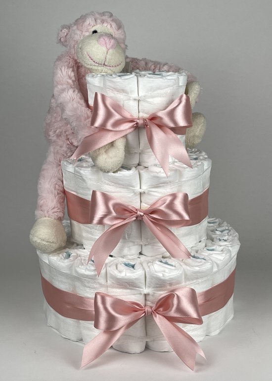Chouette-Chouette | Luiertaart Meisje | Kraamcadeau | Geboorte Meisje | Babyshower | Aap Roze - donker Poeder Roze van Chouette-Chouette