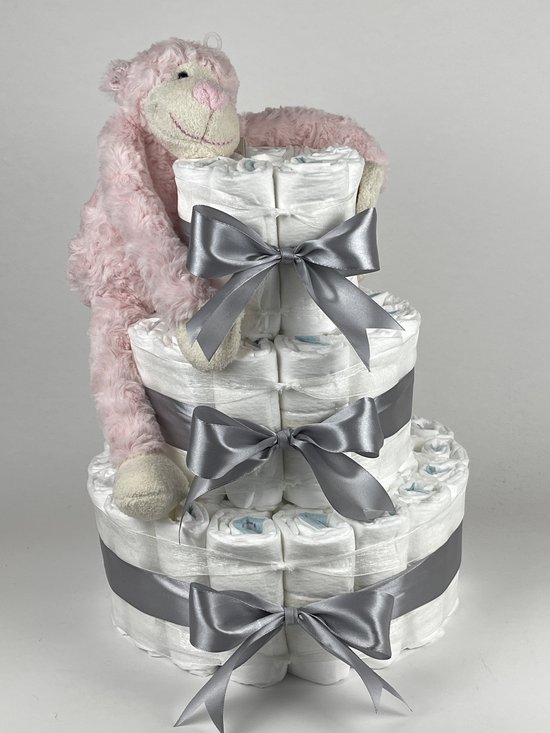 Chouette-Chouette | Luiertaart Meisje | Kraamcadeau | Geboorte Meisje | Babyshower | Aap Roze - Grijs van Chouette-Chouette