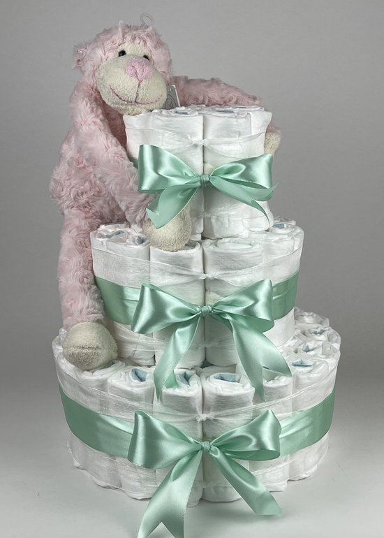 Chouette-Chouette | Luiertaart Meisje | Kraamcadeau | Geboorte Meisje | Babyshower | Aap Roze - Groen van Chouette-Chouette