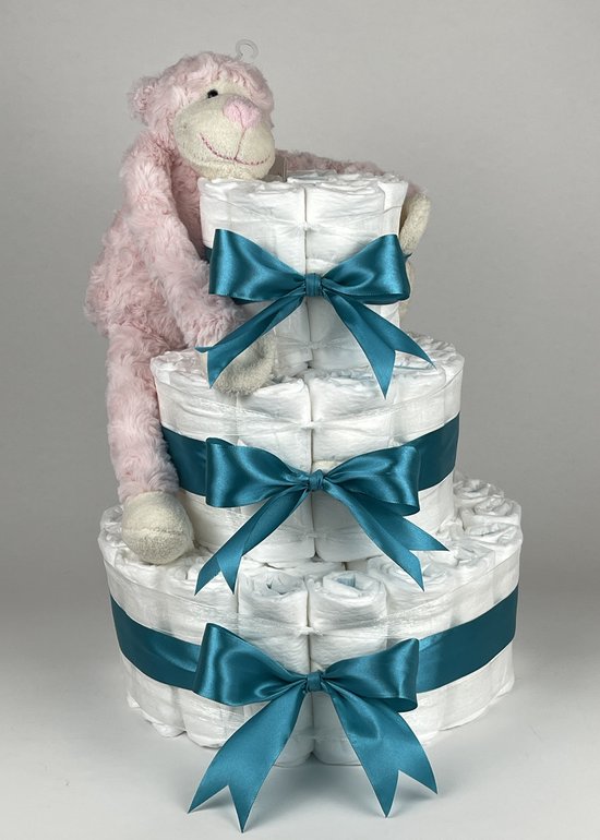 Chouette-Chouette | Luiertaart Meisje | Kraamcadeau | Geboorte Meisje | Babyshower | Aap Roze - Petrol van Chouette-Chouette