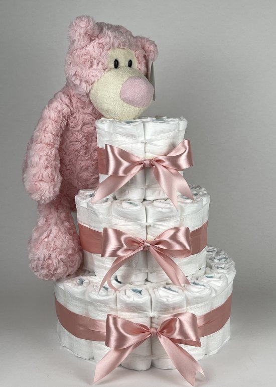 Chouette-Chouette - Luiertaart Meisje - Kraamcadeau - Geboorte Meisje - Babyshower - Beer Felix Roze - donker Poeder Roze van Chouette-Chouette
