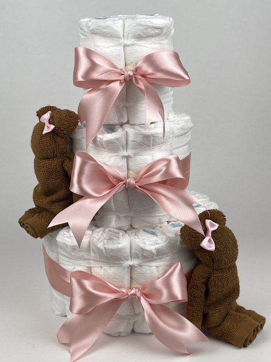 Chouette-Chouette | Luiertaart Meisje | Kraamcadeau | Geboorte Meisje | Babyshower | Beren clay Bruin - donker Poeder Roze van Chouette-Chouette