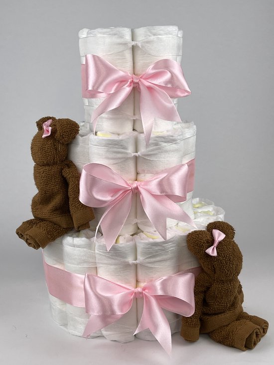 Chouette-Chouette - Luiertaart Meisje - Kraamcadeau - Geboorte Meisje - Babyshower - Beren clay Bruin - Roze van Chouette-Chouette