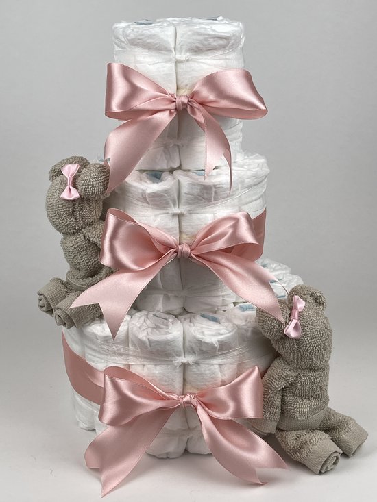 Chouette-Chouette | Luiertaart Meisje | Kraamcadeau | Geboorte Meisje | Babyshower | Beren Cream - donker Poeder Roze van Chouette-Chouette