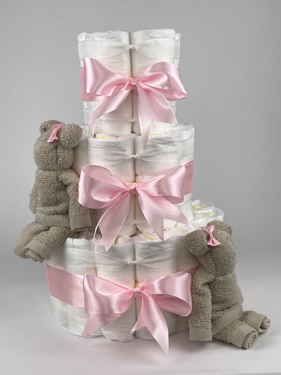 Chouette-Chouette | Luiertaart Meisje | Kraamcadeau | Geboorte Meisje | Babyshower | Beren Cream - Roze van Chouette-Chouette