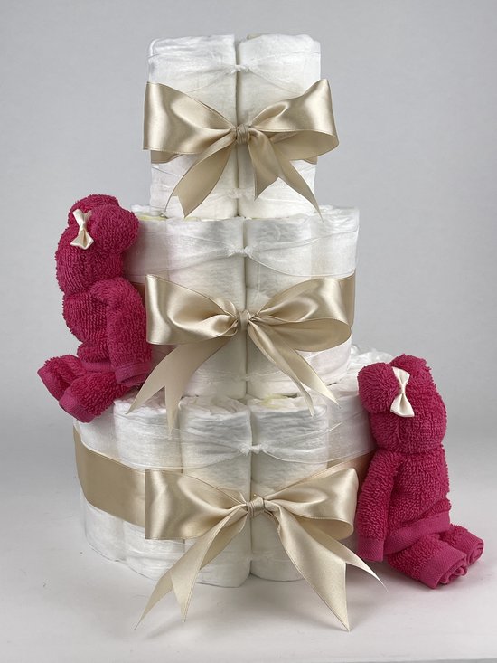 Chouette-Chouette | Luiertaart Meisje | Kraamcadeau | Geboorte Meisje | Babyshower | Beren Fuchsia roze - Beige van Chouette-Chouette