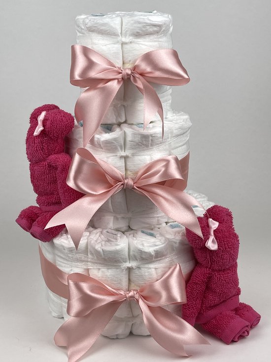 Chouette-Chouette | Luiertaart Meisje | Kraamcadeau | Geboorte Meisje | Babyshower | Beren Fuchsia roze - donker Poeder Roze van Chouette-Chouette