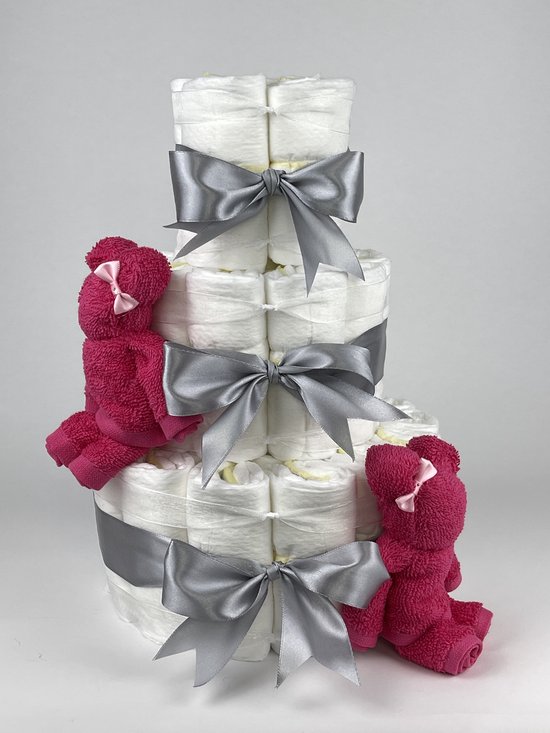 Chouette-Chouette | Luiertaart Meisje | Kraamcadeau | Geboorte Meisje | Babyshower | Beren Fuchsia roze - Grijs van Chouette-Chouette