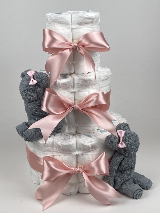 Chouette-Chouette | Luiertaart Meisje | Kraamcadeau | Geboorte Meisje | Babyshower | Beren Grey-Blue - donker Poeder Roze van Chouette-Chouette