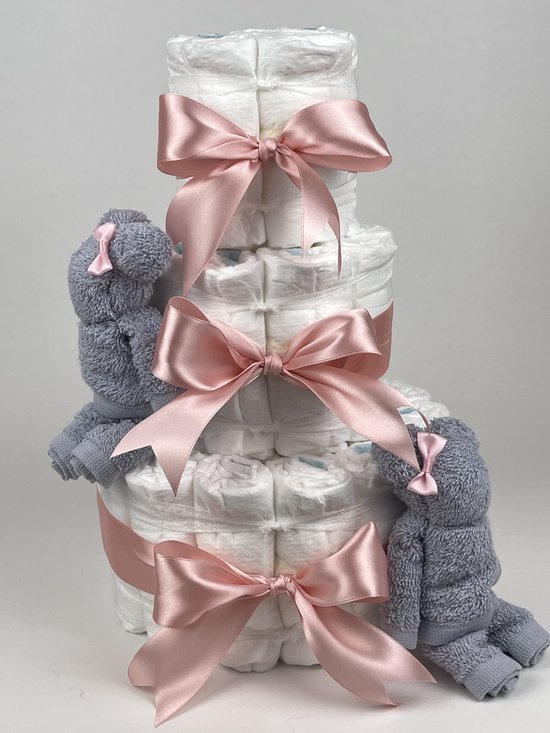 Chouette-Chouette | Luiertaart Meisje | Kraamcadeau | Geboorte Meisje | Babyshower | Beren Grijs - donker Poeder Roze van Chouette-Chouette