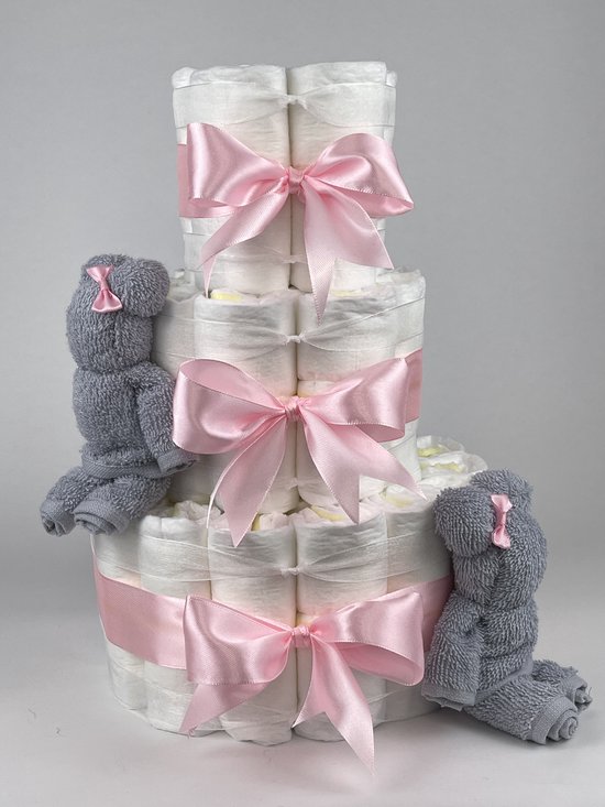 Chouette-Chouette | Luiertaart Meisje | Kraamcadeau | Geboorte Meisje | Babyshower | Beren Grijs - Roze van Chouette-Chouette