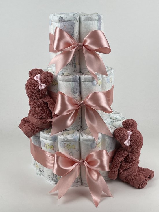 Chouette-Chouette | Luiertaart Meisje | Kraamcadeau | Geboorte Meisje | Babyshower | Beren Koper - donker Poeder Roze van Chouette-Chouette