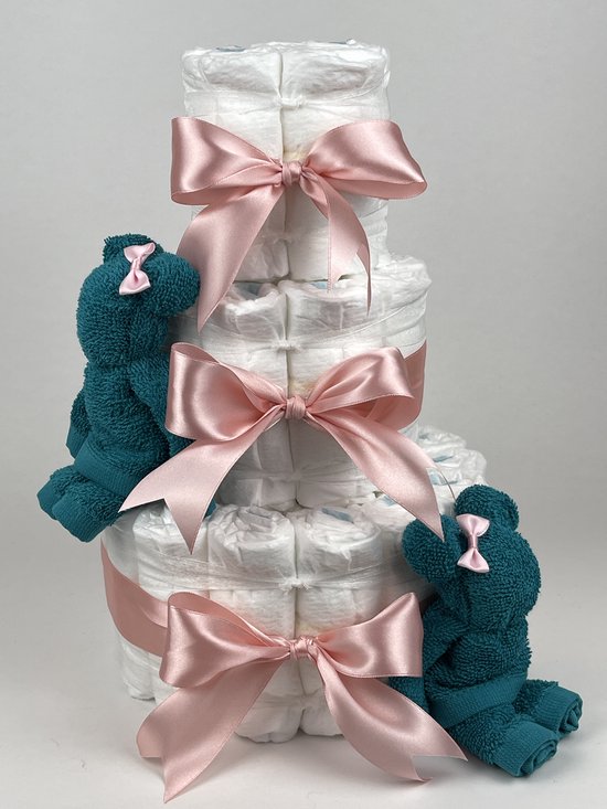 Chouette-Chouette | Luiertaart Meisje | Kraamcadeau | Geboorte Meisje | Babyshower | Beren Lake groen - donker Poeder Roze van Chouette-Chouette