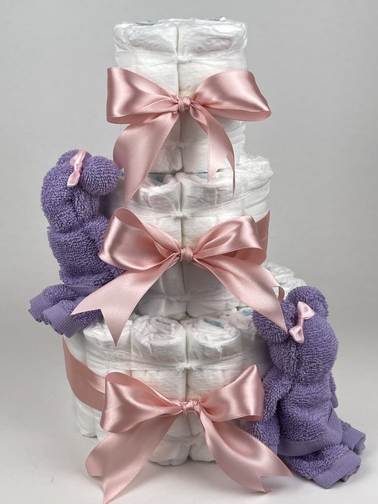 Chouette-Chouette | Luiertaart Meisje | Kraamcadeau | Geboorte Meisje | Babyshower | Beren Lavendel - donker Poeder Roze van Chouette-Chouette