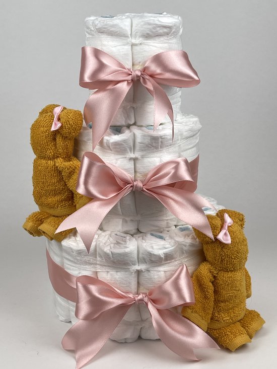 Chouette-Chouette | Luiertaart Meisje | Kraamcadeau | Geboorte Meisje | Babyshower | Beren Oker - donker Poeder Roze van Chouette-Chouette