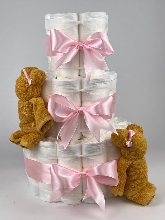 Chouette-Chouette | Luiertaart Meisje | Kraamcadeau | Geboorte Meisje | Babyshower | Beren Oker - Roze van Chouette-Chouette