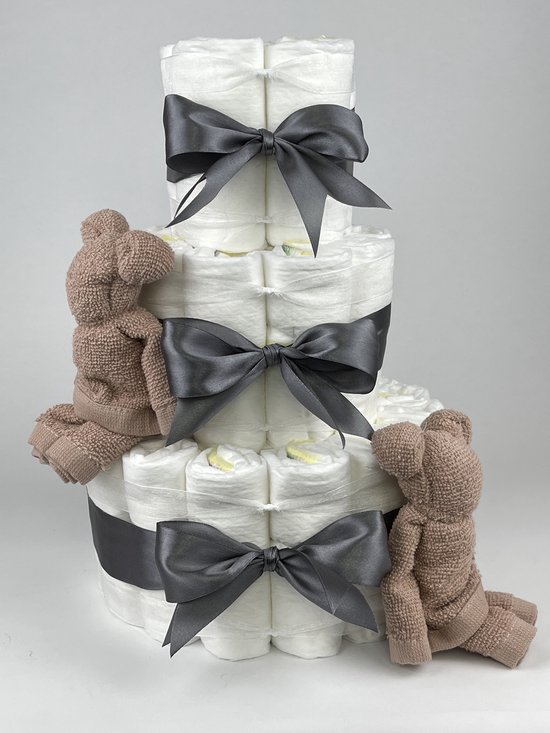 Chouette-Chouette | Luiertaart Meisje | Kraamcadeau | Geboorte Meisje | Babyshower | Beren Pinkstone - donker Grijs van Chouette-Chouette