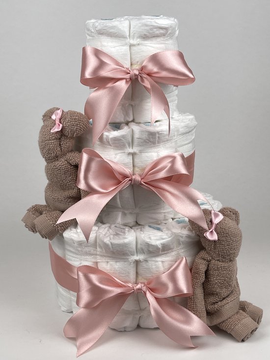 Chouette-Chouette | Luiertaart Meisje | Kraamcadeau | Geboorte Meisje | Babyshower | Beren Pinkstone - donker Poeder Roze van Chouette-Chouette