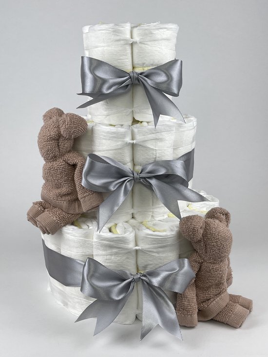 Chouette-Chouette | Luiertaart Meisje | Kraamcadeau | Geboorte Meisje | Babyshower | Beren Pinkstone - Grijs van Chouette-Chouette