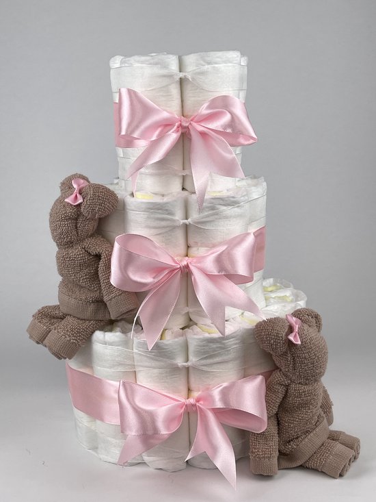 Chouette-Chouette | Luiertaart Meisje | Kraamcadeau | Geboorte Meisje | Babyshower | Beren Pinkstone - Roze van Chouette-Chouette