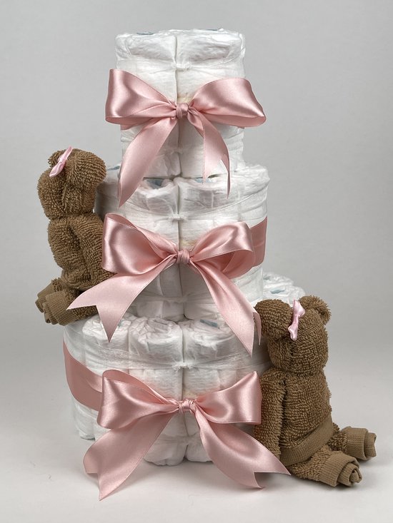 Chouette-Chouette | Luiertaart Meisje | Kraamcadeau | Geboorte Meisje | Babyshower | Beren Sand - donker Poeder Roze van Chouette-Chouette