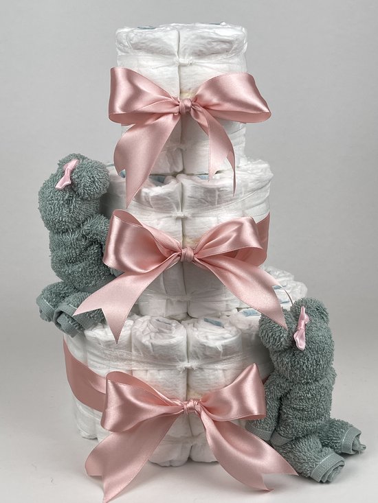 Chouette-Chouette | Luiertaart Meisje | Kraamcadeau | Geboorte Meisje | Babyshower | Beren Stone groen - donker Poeder Roze van Chouette-Chouette