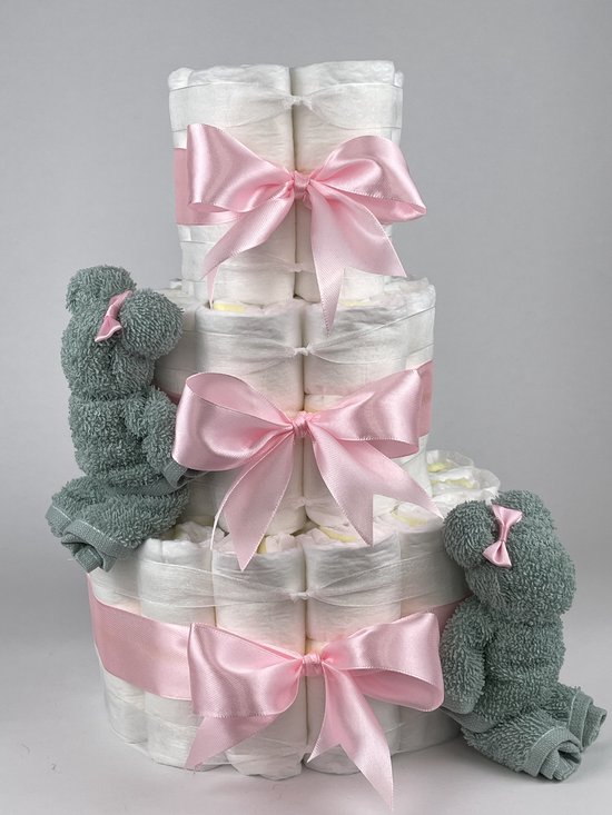Chouette-Chouette | Luiertaart Meisje | Kraamcadeau | Geboorte Meisje | Babyshower | Beren Stone groen - Roze van Chouette-Chouette