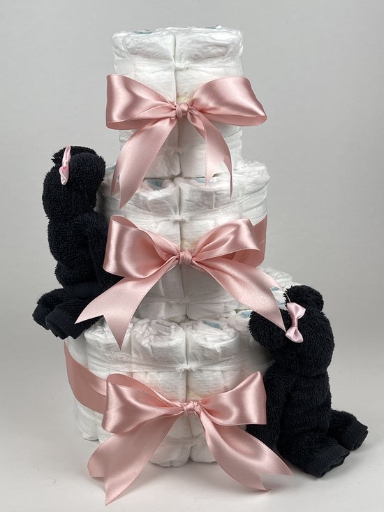 Chouette-Chouette | Luiertaart Meisje | Kraamcadeau | Geboorte Meisje | Babyshower | Beren Zwart - donker Poeder Roze van Chouette-Chouette
